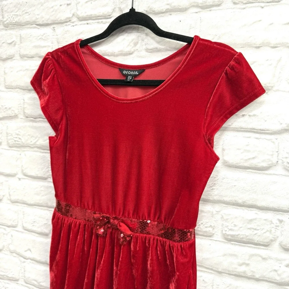 George Girls Sz 14/16 Red Velvet & Sequin Christmas Holiday Dress Formal  w/ Bow